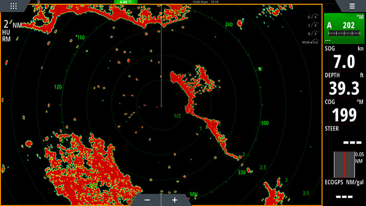 Simrad NSS evo3 radar on 2 nautical mile range setting.